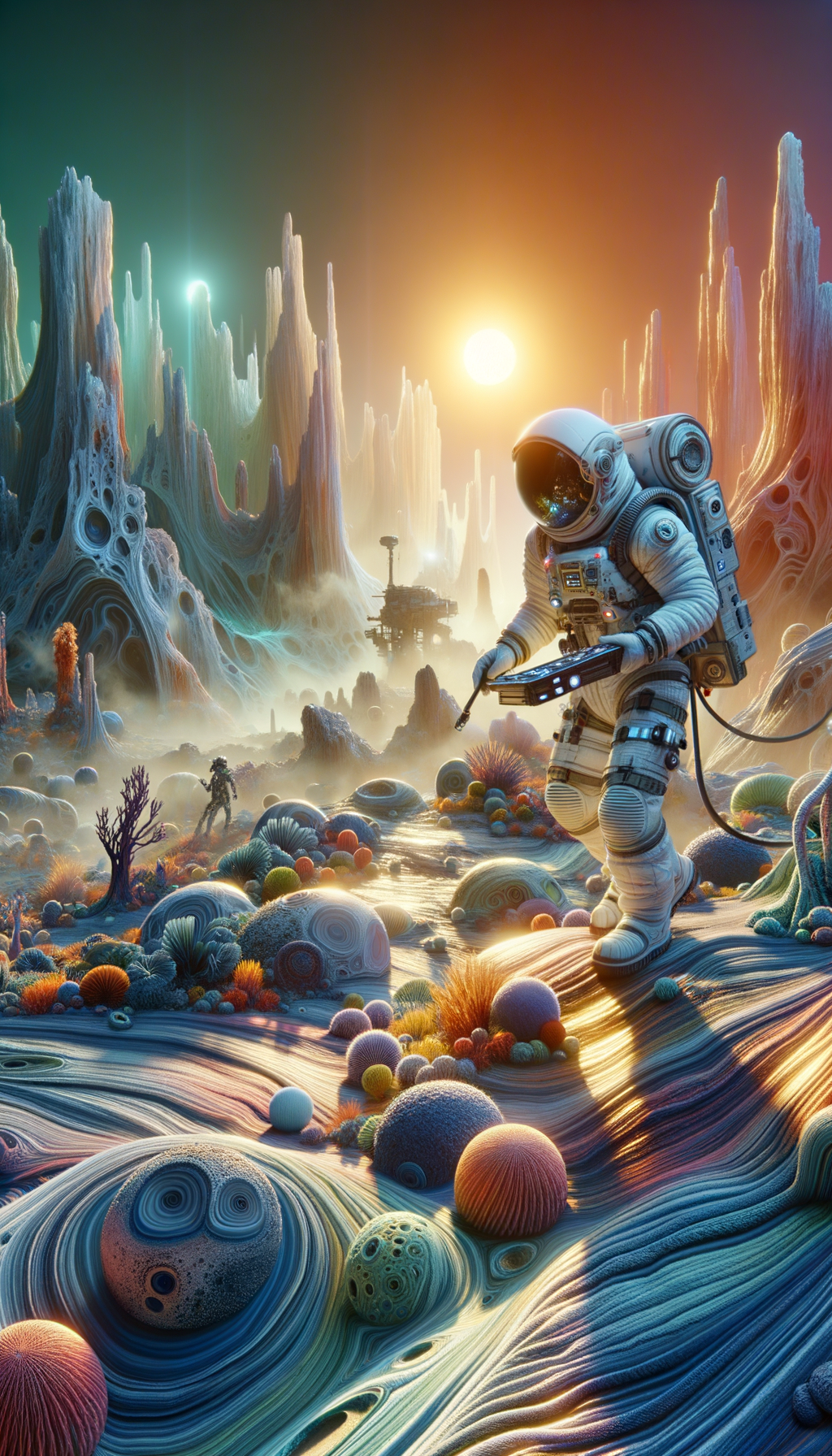 Astronaut exploring alien planet landscape